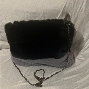 REMI REID Anthropologie Elegant Black and Gray Faux Fur Chain Bag New With Tags